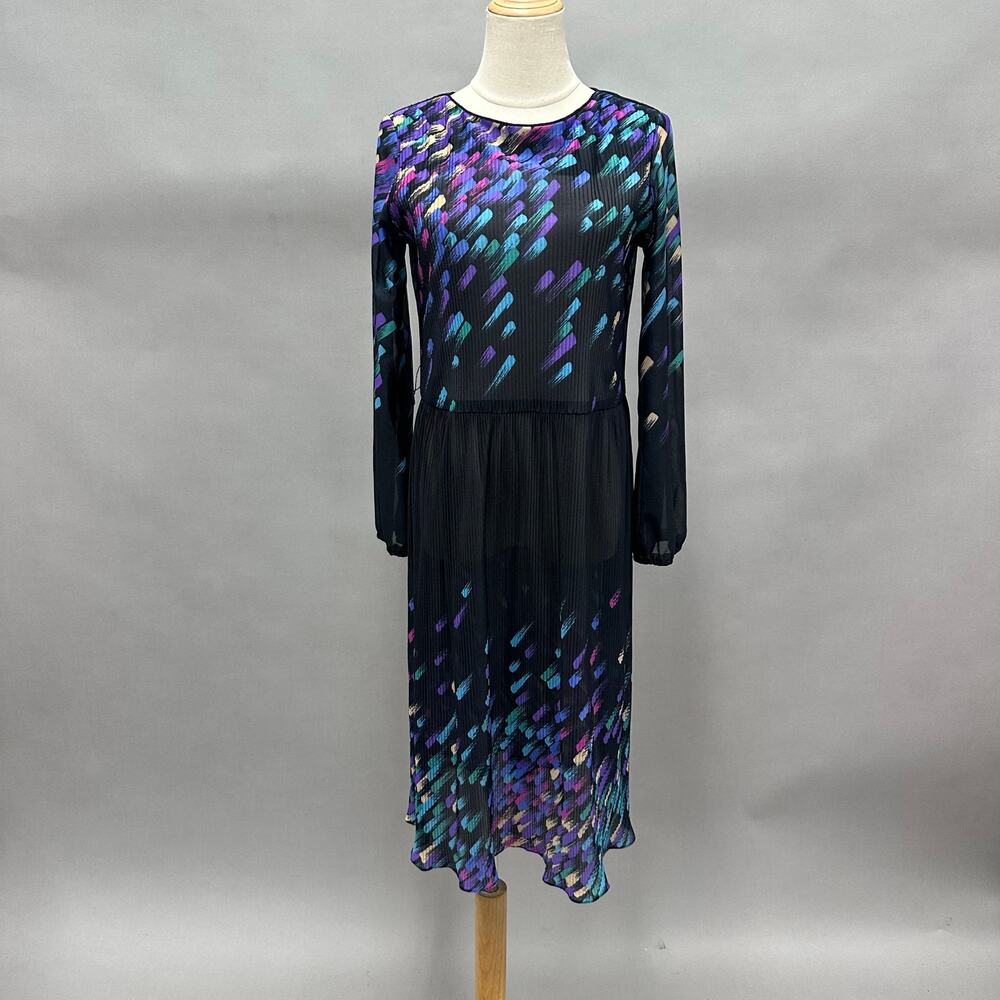 Vintage 80s micro accordion pleat sheer midi dress confetti print Size 10